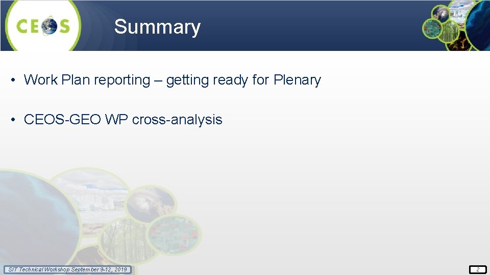 Summary • Work Plan reporting – getting ready for Plenary • CEOS-GEO WP cross-analysis