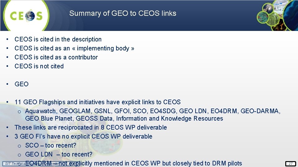 Summary of GEO to CEOS links • • CEOS is cited in the description