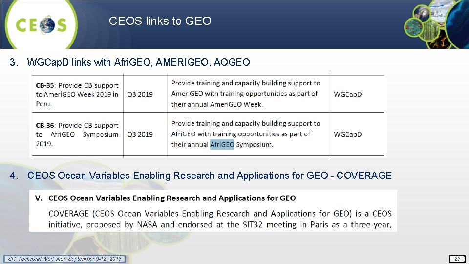 CEOS links to GEO 3. WGCap. D links with Afri. GEO, AMERIGEO, AOGEO 4.