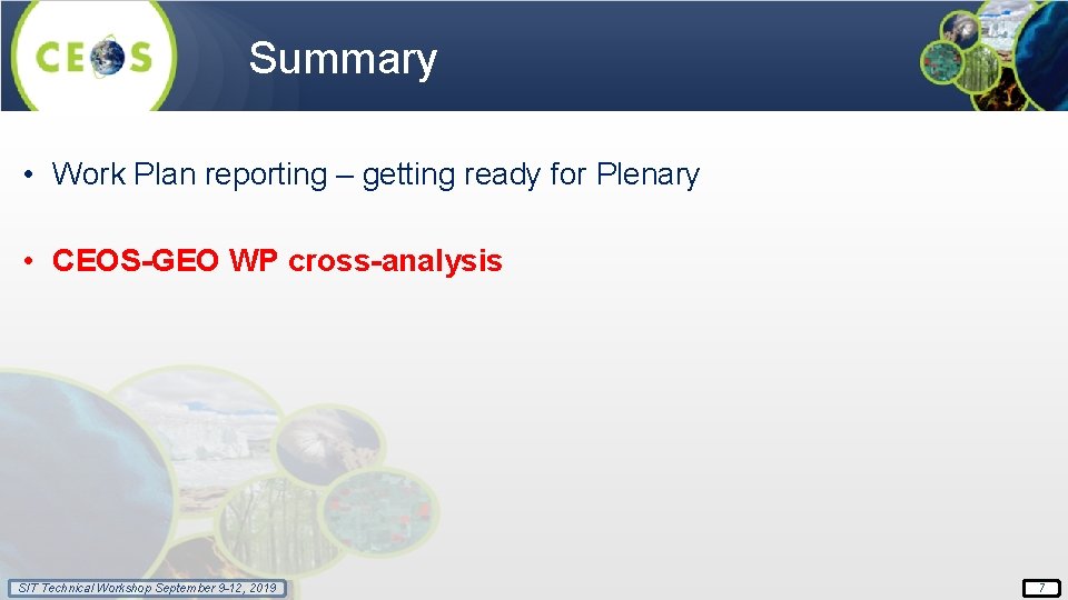 Summary • Work Plan reporting – getting ready for Plenary • CEOS-GEO WP cross-analysis