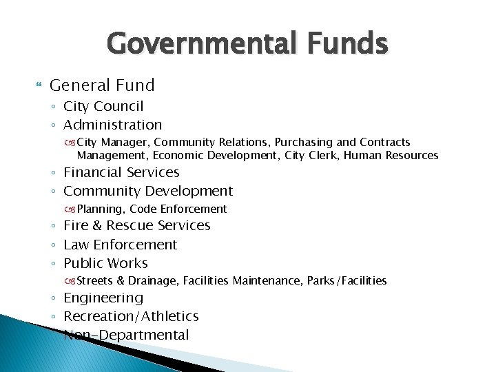 Governmental Funds General Fund ◦ City Council ◦ Administration City Manager, Community Relations, Purchasing