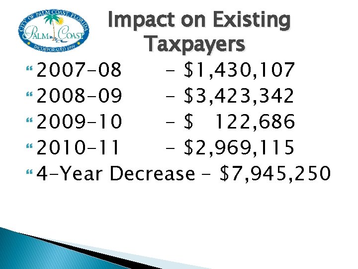 Impact on Existing Taxpayers 2007 -08 - $1, 430, 107 2008 -09 - $3,
