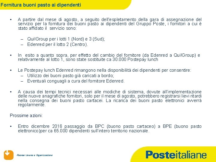 Fornitura buoni pasto ai dipendenti • A partire dal mese di agosto, a seguito