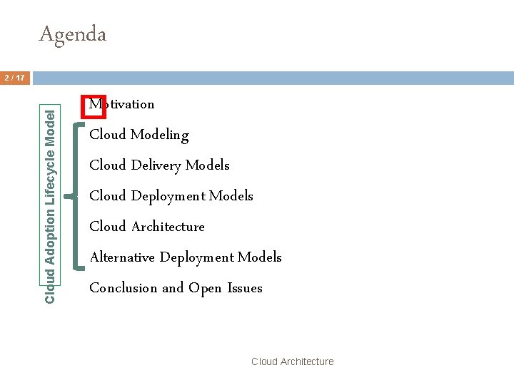 Agenda Cloud Adoption Lifecycle Model 2 / 17 Motivation � Cloud Modeling Cloud Delivery