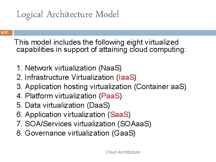 Logical Architecture Model 9/17 This model includes the following eight virtualized capabilities in support