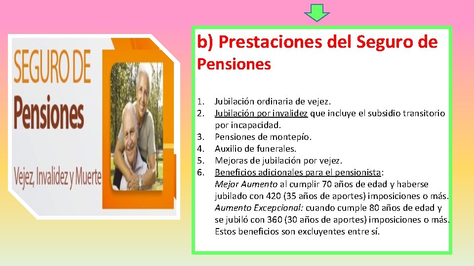 b) Prestaciones del Seguro de Pensiones 1. Jubilación ordinaria de vejez. 2. Jubilación por