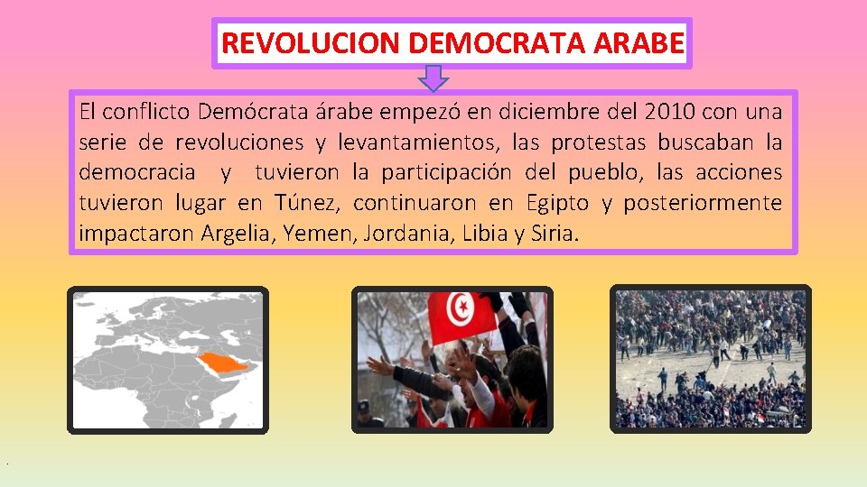 REVOLUCION DEMOCRATA ARABE El conflicto Demócrata árabe empezó en diciembre del 2010 con una