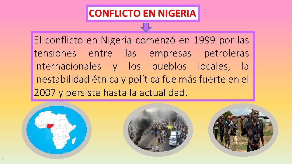 CONFLICTO EN NIGERIA El conflicto en Nigeria comenzó en 1999 por las tensiones entre