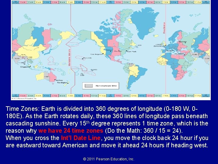 Time Zones: Earth is divided into 360 degrees of longitude (0 -180 W, 0180