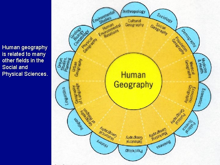 Human geography is related to many other fields in the Social and Physical Sciences.