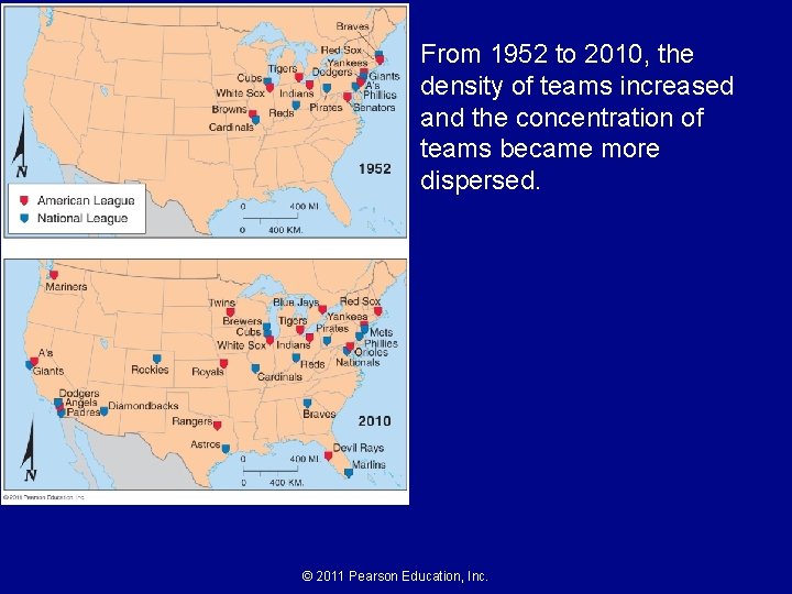 From 1952 to 2010, the density of teams increased and the concentration of teams