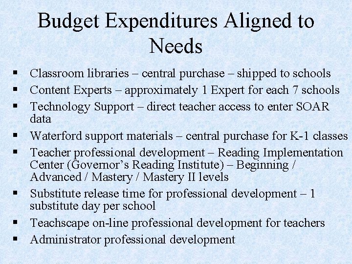 Budget Expenditures Aligned to Needs § Classroom libraries – central purchase – shipped to