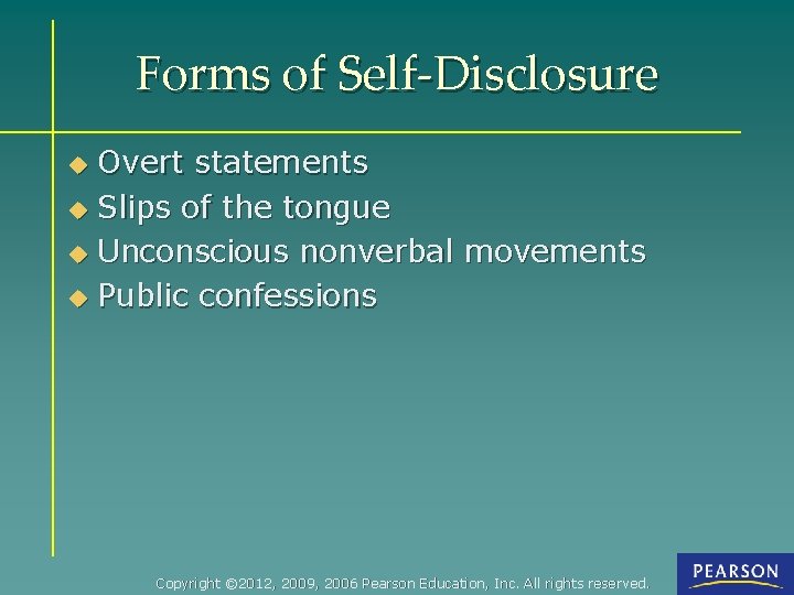 Forms of Self-Disclosure Overt statements u Slips of the tongue u Unconscious nonverbal movements