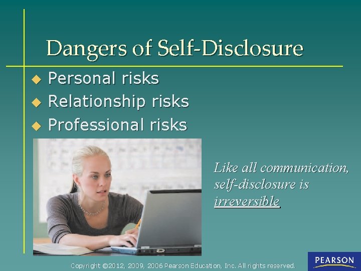 Dangers of Self-Disclosure u u u Personal risks Relationship risks Professional risks Like all