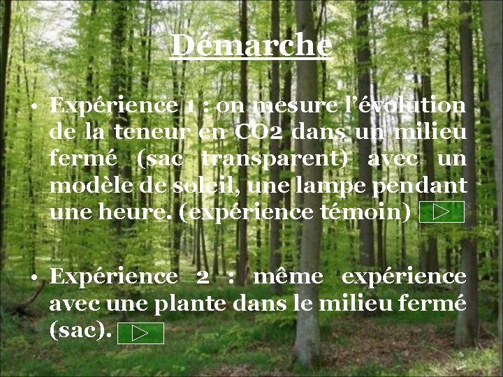 Démarche • Expérience 1 : on mesure l’évolution de la teneur en CO 2