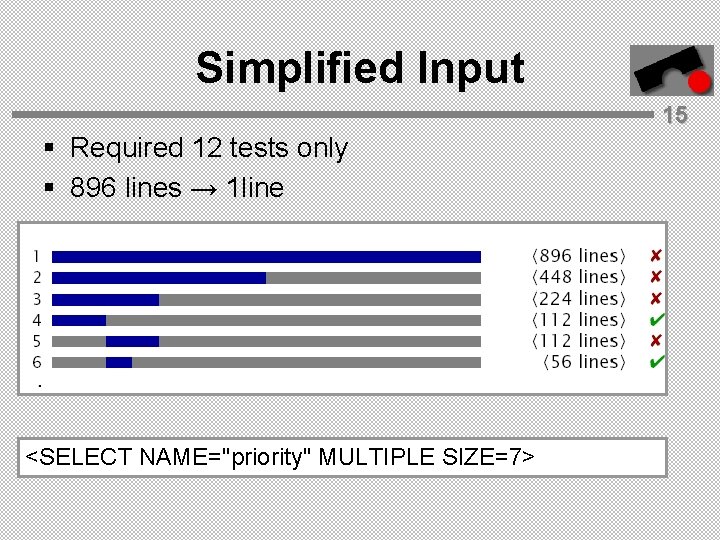 Simplified Input 15 § Required 12 tests only § 896 lines → 1 line