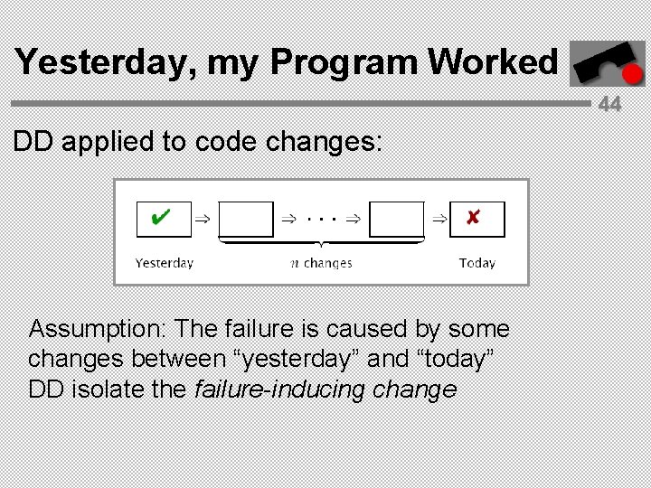 Yesterday, my Program Worked 44 DD applied to code changes: Assumption: The failure is