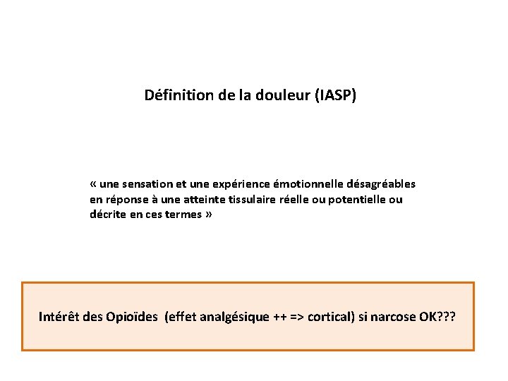 Définition de la douleur (IASP) « une sensation et une expérience émotionnelle désagréables en