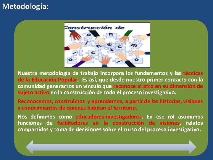 Metodología: Nuestra metodología de trabajo incorpora los fundamentos y las técnicas de la Educación Metodología: Nuestra metodología de trabajo incorpora los fundamentos y las técnicas de la Educación