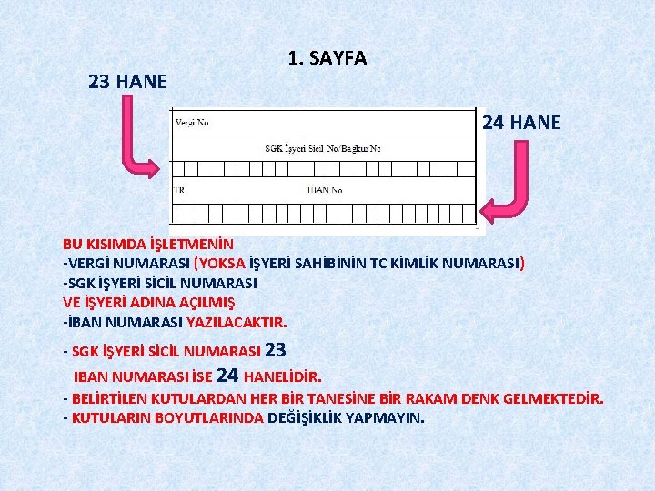 23 HANE 1. SAYFA 24 HANE BU KISIMDA İŞLETMENİN -VERGİ NUMARASI (YOKSA İŞYERİ SAHİBİNİN