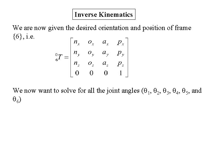 Inverse Kinematics We are now given the desired orientation and position of frame {6},