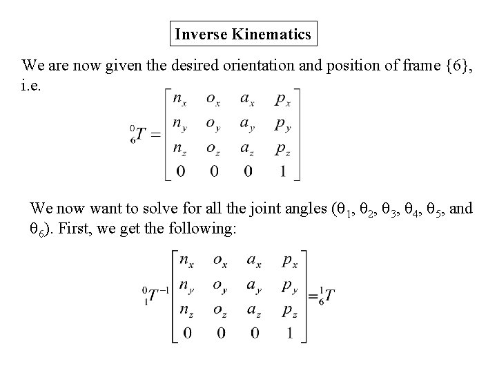 Inverse Kinematics We are now given the desired orientation and position of frame {6},