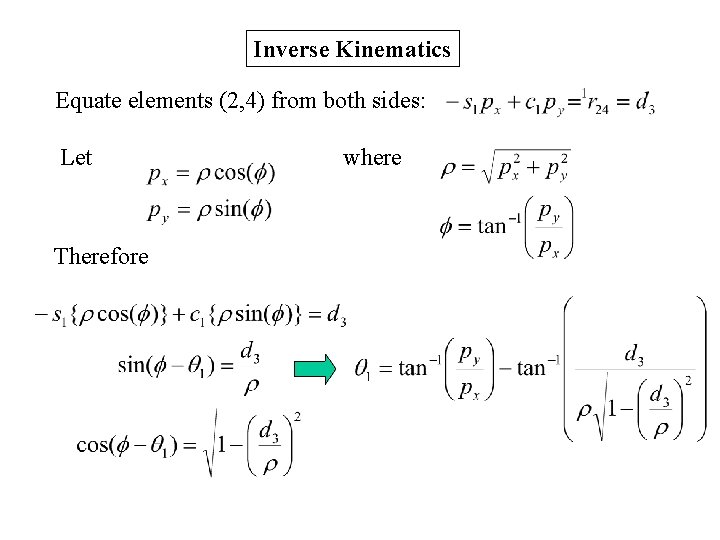 Inverse Kinematics Equate elements (2, 4) from both sides: Let Therefore where 