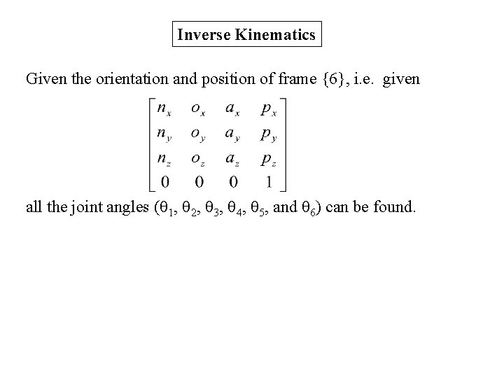 Inverse Kinematics Given the orientation and position of frame {6}, i. e. given all