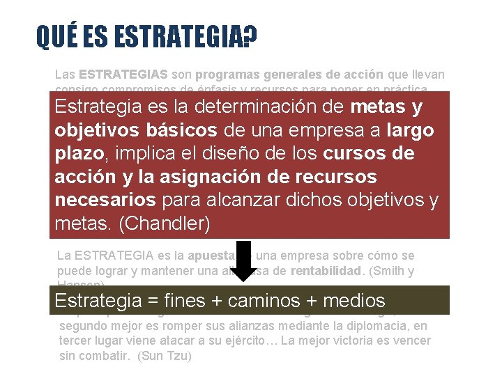 QUÉ ES ESTRATEGIA? Las ESTRATEGIAS son programas generales de acción que llevan consigo compromisos