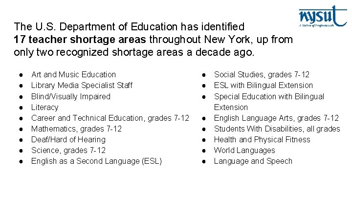 The U. S. Department of Education has identified 17 teacher shortage areas throughout New