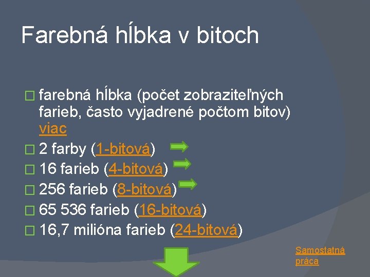 Farebná hĺbka v bitoch � farebná hĺbka (počet zobraziteľných farieb, často vyjadrené počtom bitov)