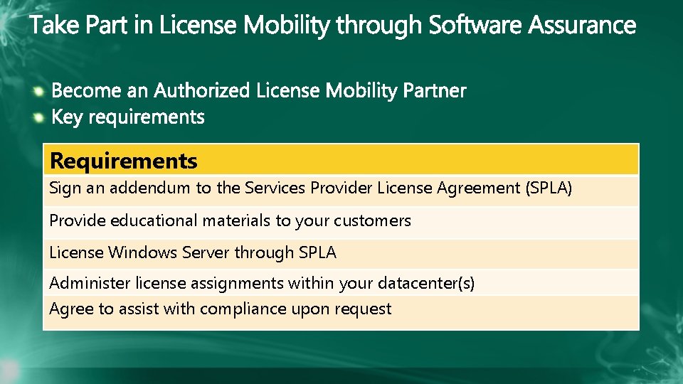 Requirements Sign an addendum to the Services Provider License Agreement (SPLA) Provide educational materials