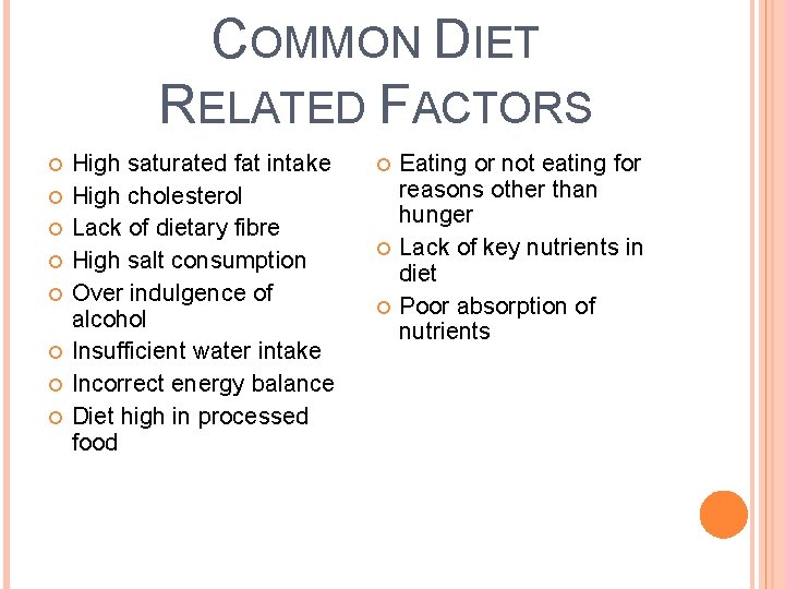 COMMON DIET RELATED FACTORS High saturated fat intake High cholesterol Lack of dietary fibre