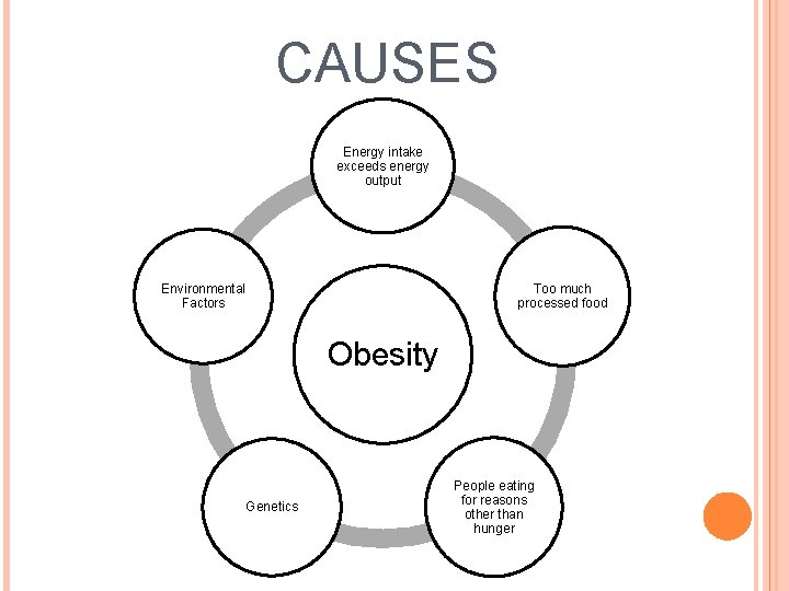 CAUSES Energy intake exceeds energy output Too much processed food Environmental Factors Obesity Genetics