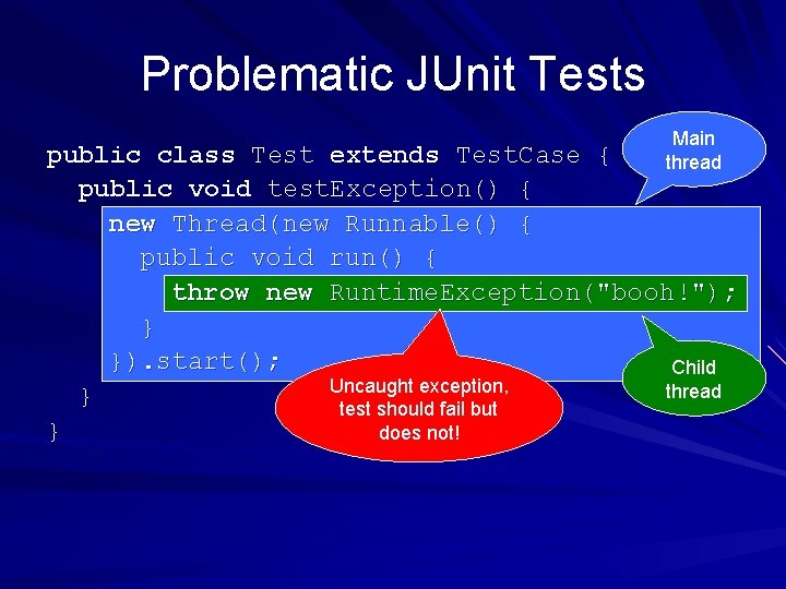 Problematic JUnit Tests Main thread public class Test extends Test. Case { public void