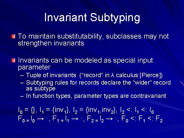 Invariant Subtyping To maintain substitutability, subclasses may not strengthen invariants Invariants can be modeled