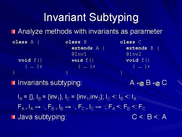 Invariant Subtyping Analyze methods with invariants as parameter class A { void f() {