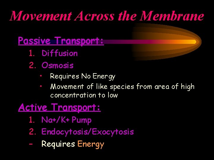 Movement Across the Membrane Passive Transport: 1. Diffusion 2. Osmosis • • Requires No