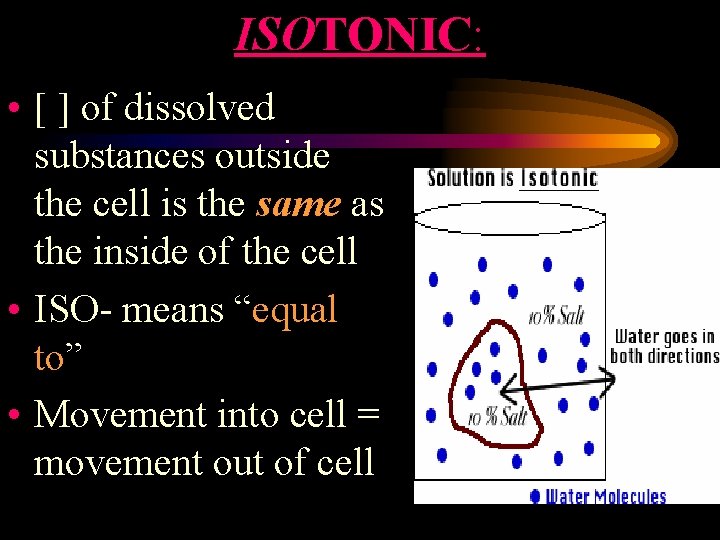 ISOTONIC: • [ ] of dissolved substances outside the cell is the same as