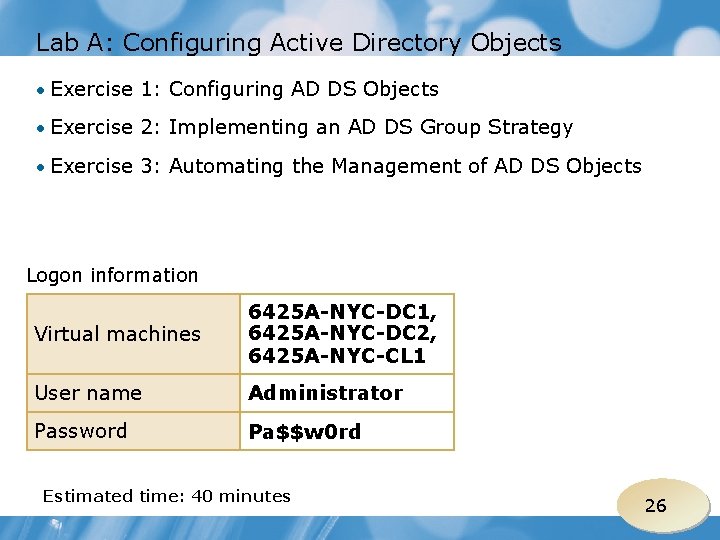 Lab A: Configuring Active Directory Objects • Exercise 1: Configuring AD DS Objects •