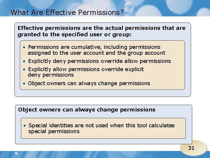 What Are Effective Permissions? Effective permissions are the actual permissions that are granted to