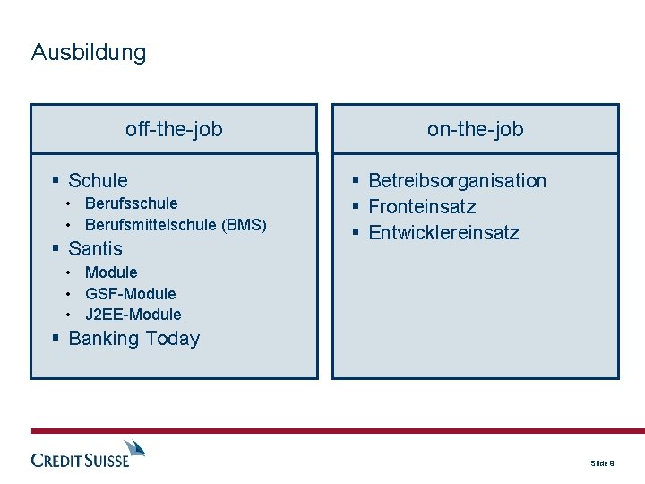 Ausbildung off-the-job Schule • Berufsschule • Berufsmittelschule (BMS) Santis on-the-job Betreibsorganisation Fronteinsatz Entwicklereinsatz •