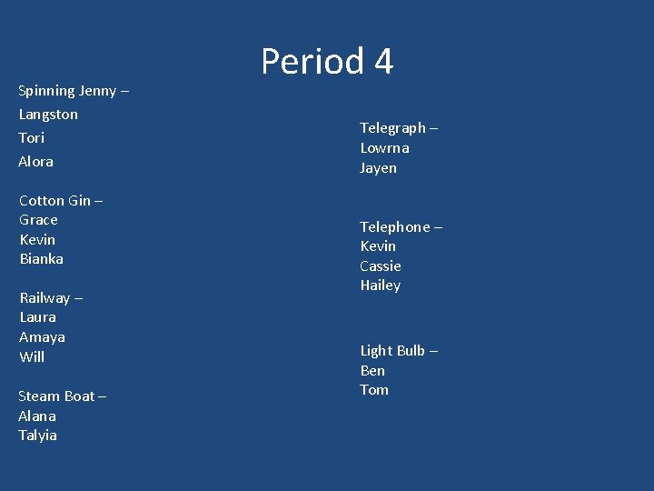 Spinning Jenny – Langston Tori Alora Cotton Gin – Grace Kevin Bianka Railway –