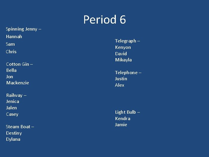 Spinning Jenny – Hannah Sam Chris Cotton Gin – Bella Jon Mackenzie Railway –