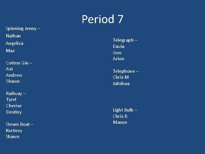 Spinning Jenny – Nathan Angelica Max Cotton Gin – Ast Andrew Shawn Railway –