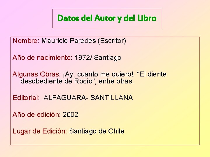 Datos del Autor y del Libro Nombre: Mauricio Paredes (Escritor) Año de nacimiento: 1972/