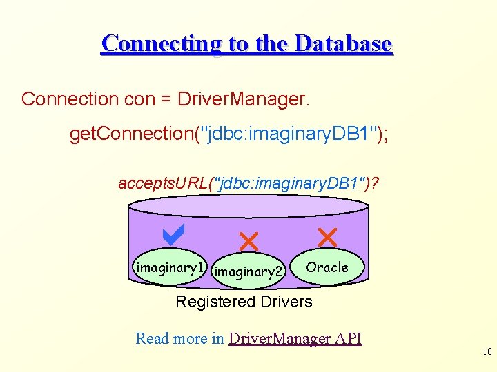 Connecting to the Database Connection con = Driver. Manager. get. Connection("jdbc: imaginary. DB 1");