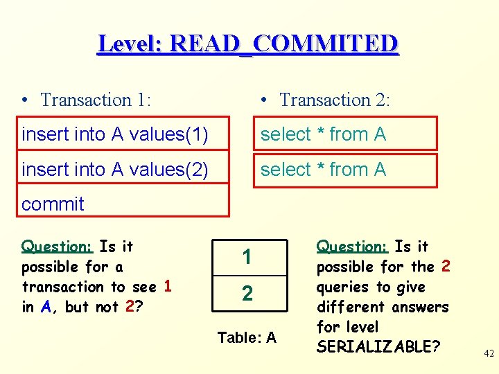 Level: READ_COMMITED • Transaction 1: • Transaction 2: insert into A values(1) select *