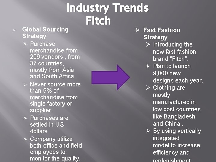 Ø Industry Trends Fitch Global Sourcing Strategy Ø Purchase merchandise from 209 vendors ,