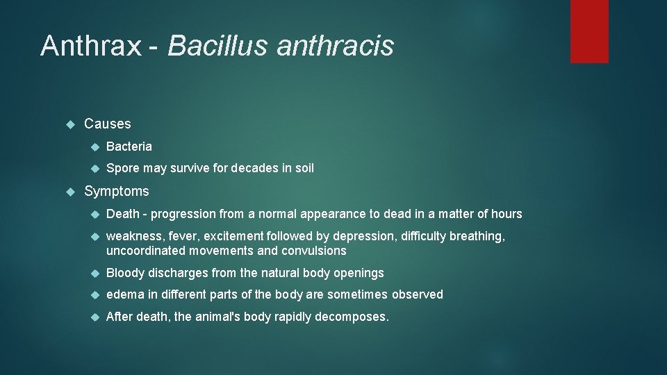 Anthrax - Bacillus anthracis Causes Bacteria Spore may survive for decades in soil Symptoms